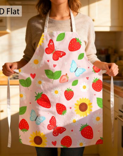 2D Flat 1pc Apron Sunflower& Strawberry Graphic Apron with Butterfly& Daisy Prints Cute Fruit Flower Pattern Printed Kitchen Apron Funny Summer Garden Design 26.77inch*21.65inch Unisex Durable Fade Resistant Comfortable Easy Clean for Kitchen Cooking