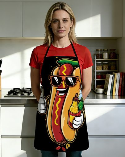 1pc 2D Flat 1406WQ Cool Hot Dog Selfie Pose Printed Pattern Apron, Durable and Easy to Clean, Adjustable Waistband, Two Sizes Available: 23.6inch*31.4inch or 20.4inch*28.3inch, Product Dimensions Only, Polyester Material, Unisex Cooking Apron
